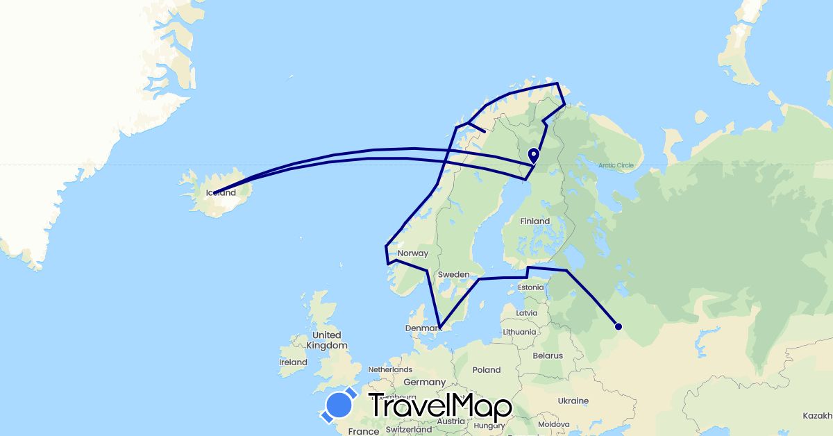 TravelMap itinerary: driving in Denmark, Estonia, Finland, Iceland, Norway, Russia, Sweden (Europe)